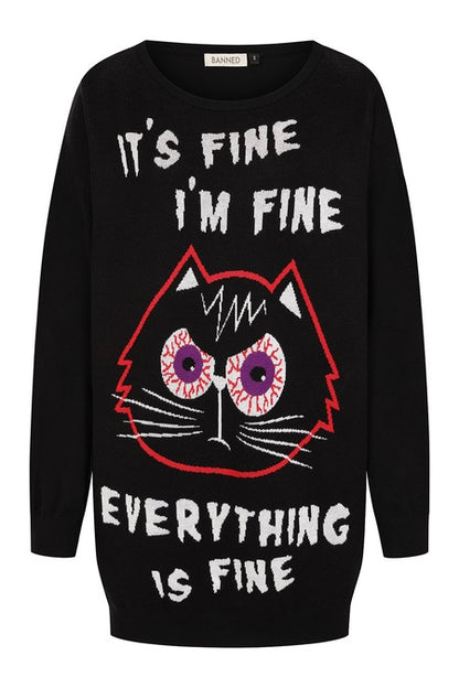Gothic Jumper Dress featuring a cartoon cat graphic and distressed slogan text in black oversized knit.