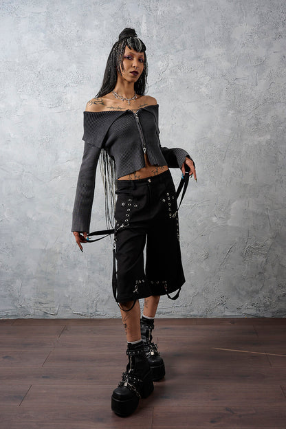 Dropzone Wide Leg Cargo Trousers styled on an alternative model shown with the bottoms zipped off to convert them into long shorts