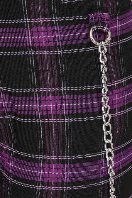 Banned Apparel Purple Tartan Trousers chain detail punk gothic trousers scarlett vixen
