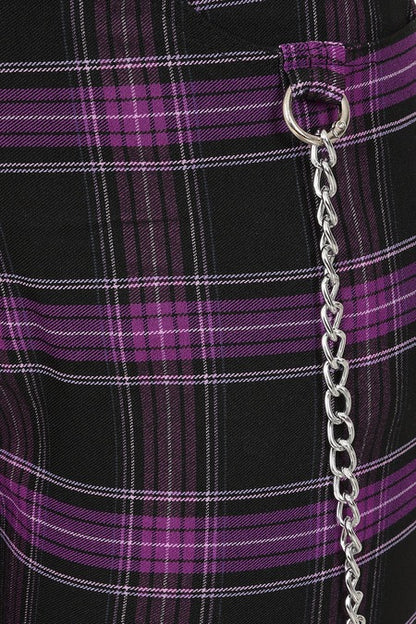 Banned Apparel Purple Tartan Trousers chain detail punk gothic trousers scarlett vixen