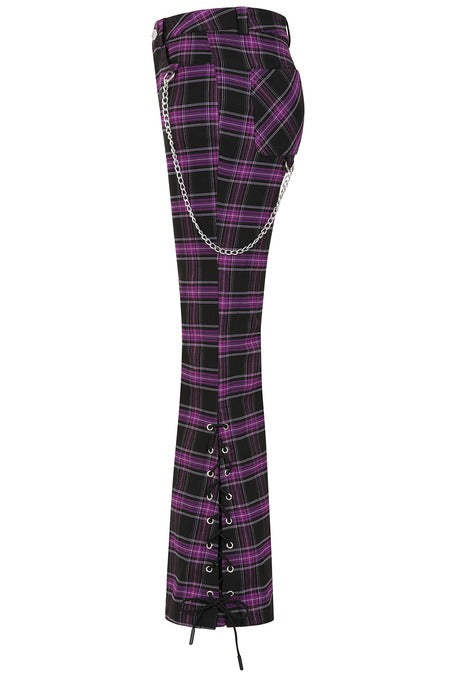 Banned Apparel Purple Tartan Trousers lace up leg detail scarlett vixen alternative punk trousers