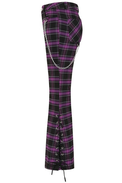 Banned Apparel Purple Tartan Trousers lace up leg detail scarlett vixen alternative punk trousers