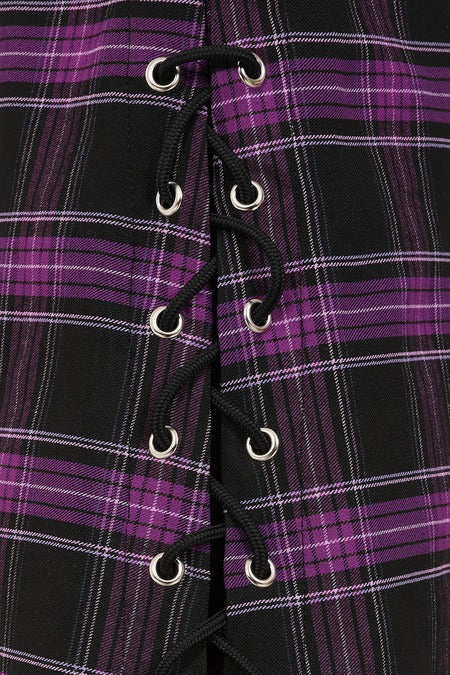 Banned Apparel Purple Tartan Trousers scarlett vixen lace up leg detail alternative punk trousers