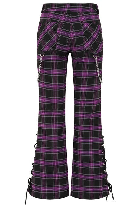 Banned Apparel Purple Tartan Trousers lace up leg detail scarlett vixen alternative punk trousers