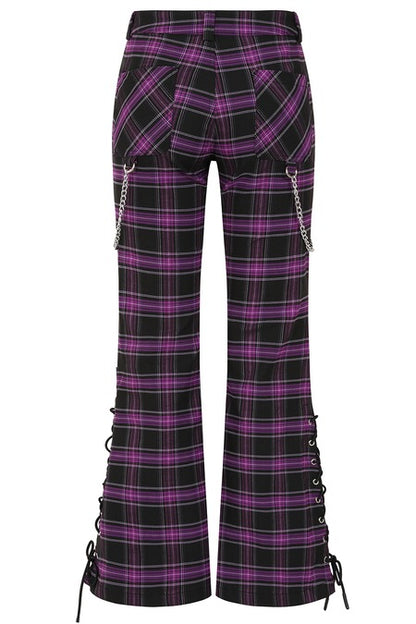 Banned Apparel Purple Tartan Trousers lace up leg detail scarlett vixen alternative punk trousers