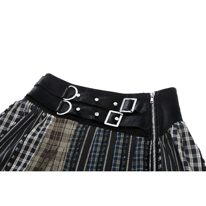 Dark in Love Sage Colorful Plaid Patchwork Leather-Waist Skirt
