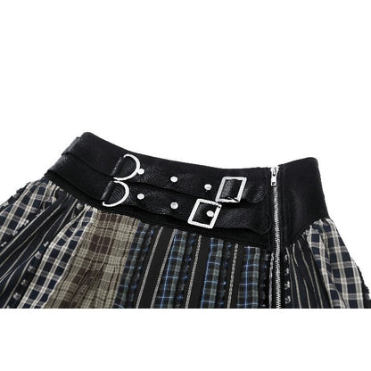 Dark in Love Sage Colorful Plaid Patchwork Leather-Waist Skirt