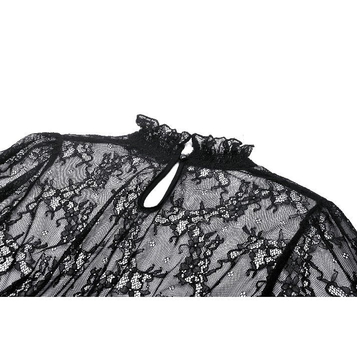 Dark in Love Aoife Black Hollow Lace Elastic Pleated Waist Eyelash Lace Cuff Top - Kate's Clothing