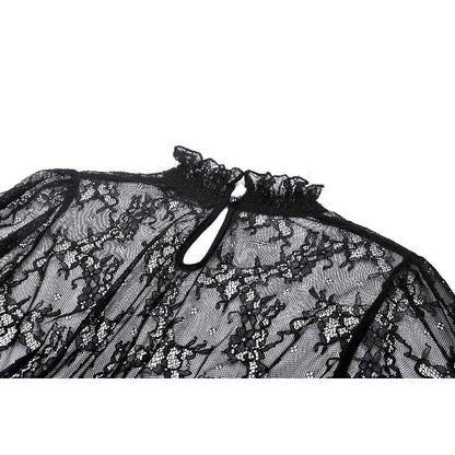 Dark in Love Aoife Black Hollow Lace Elastic Pleated Waist Eyelash Lace Cuff Top - Kate's Clothing