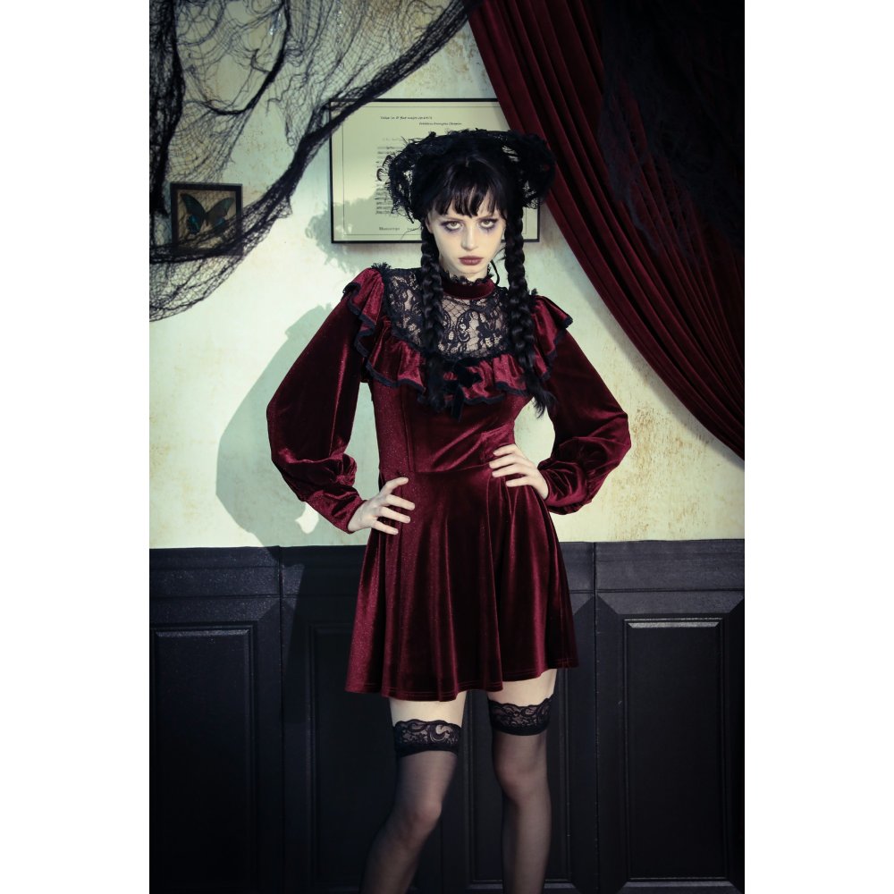 Dark in Love Verity Burgundy Velvet Dress with Black Gothic Lace - Kate's Clothing