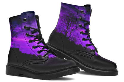 Side profile of 1999 Boots showing dreamy purple twilight sky and black vegan leather
