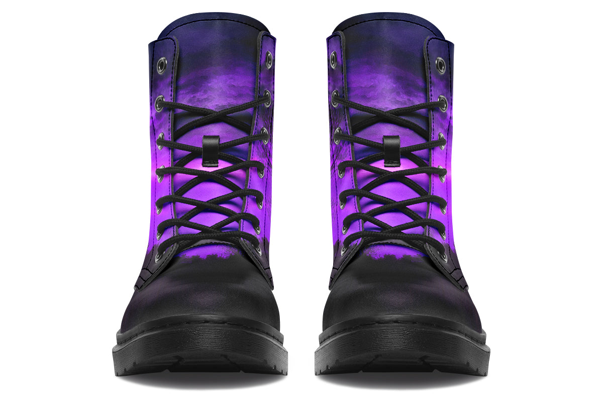 Front view of 1999 Boots with gothic purple dusk skyline and silhouetted trees