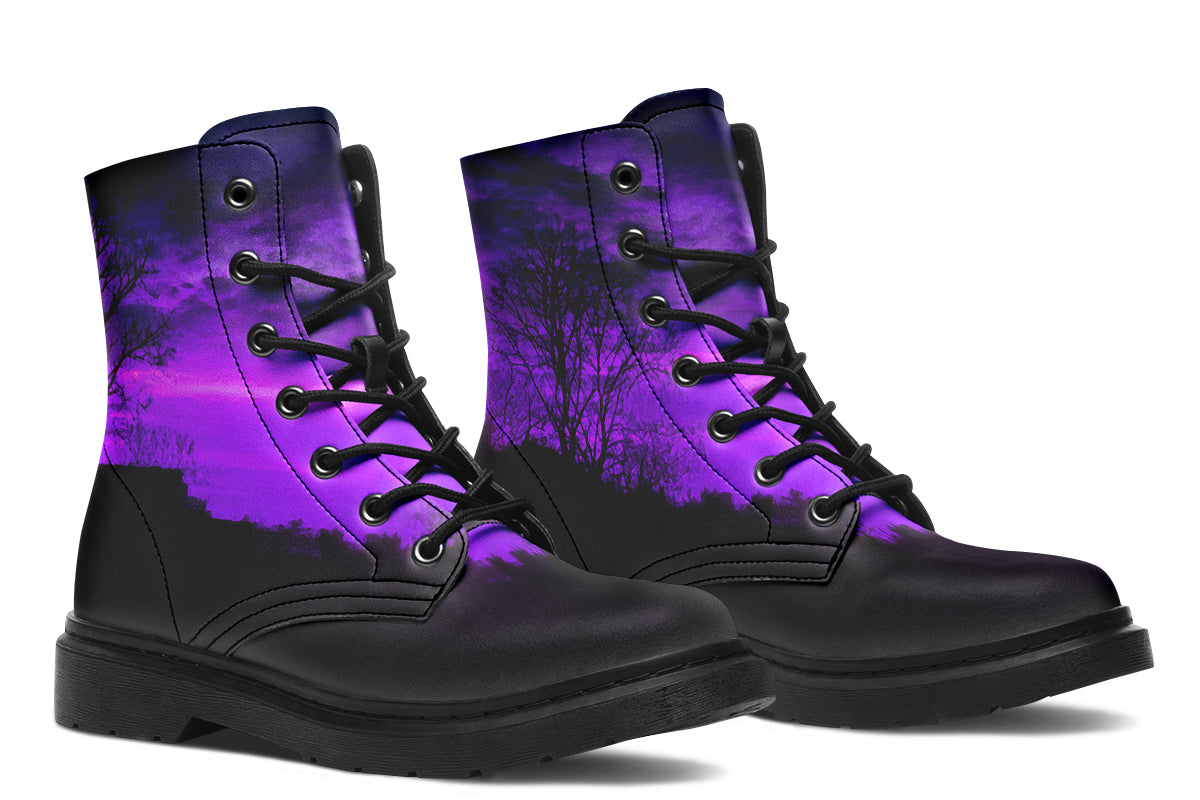Top view of lace-up 1999 Boots with bold purple and black gothic design