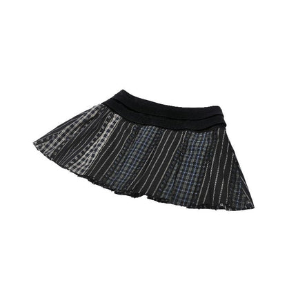 Dark in Love Sage Colorful Plaid Patchwork Leather-Waist Skirt
