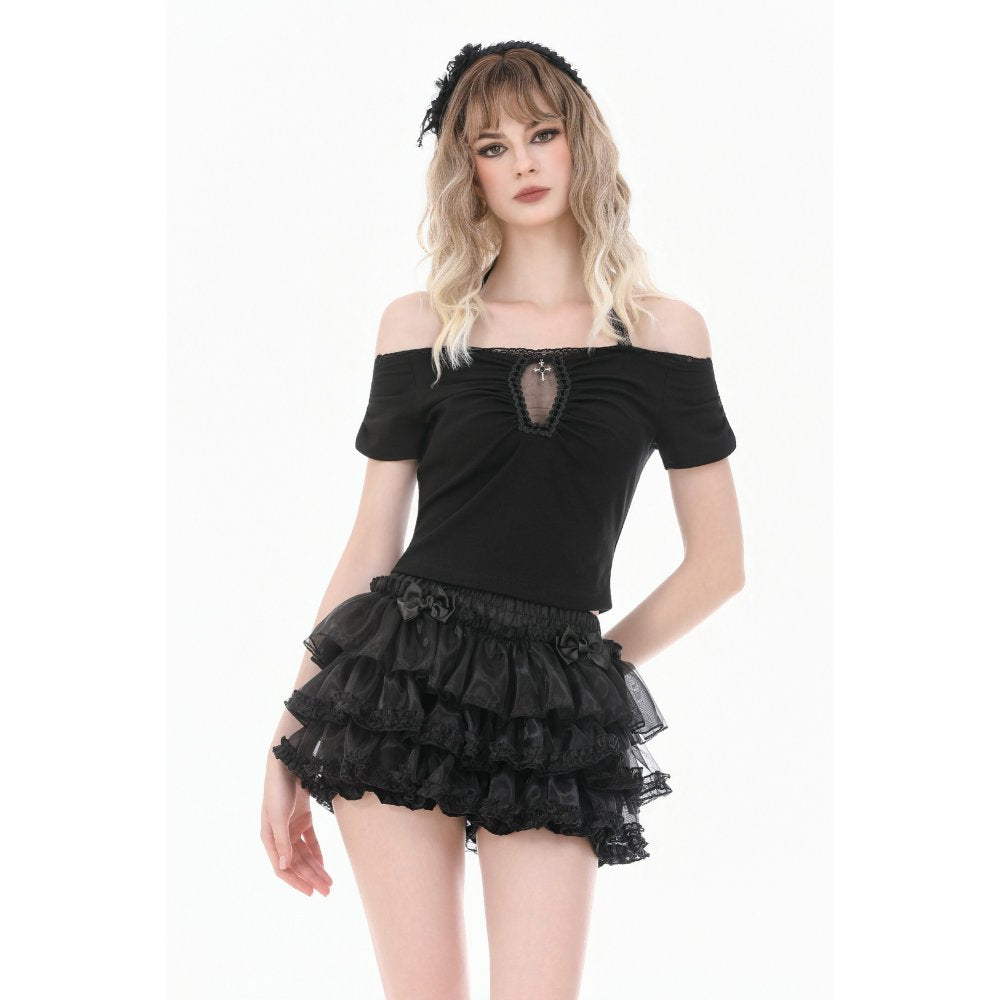 Dark in Love Gothic Cutout Cross Gem Lace Halter Slim Knit Top