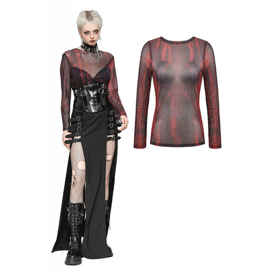 Dark in Love Carson Black and Red Tie-Dye Mesh Versatile Basic Top - Kate's Clothing