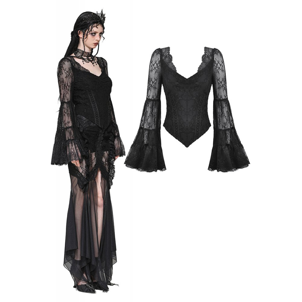 Dark in Love Zuri Gothic Romantic Lace Patchwork Bell-Sleeve Layered Cuff Top - Kate's Clothing