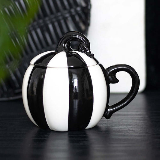 Gothic Gifts Black and White Striped Pumpkin Lidded Mug - Kate's Clothing