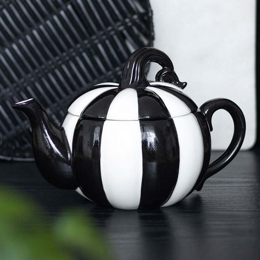 Gothic Gifts Black and White Striped Pumpkin Teapot - Kate's Clothing