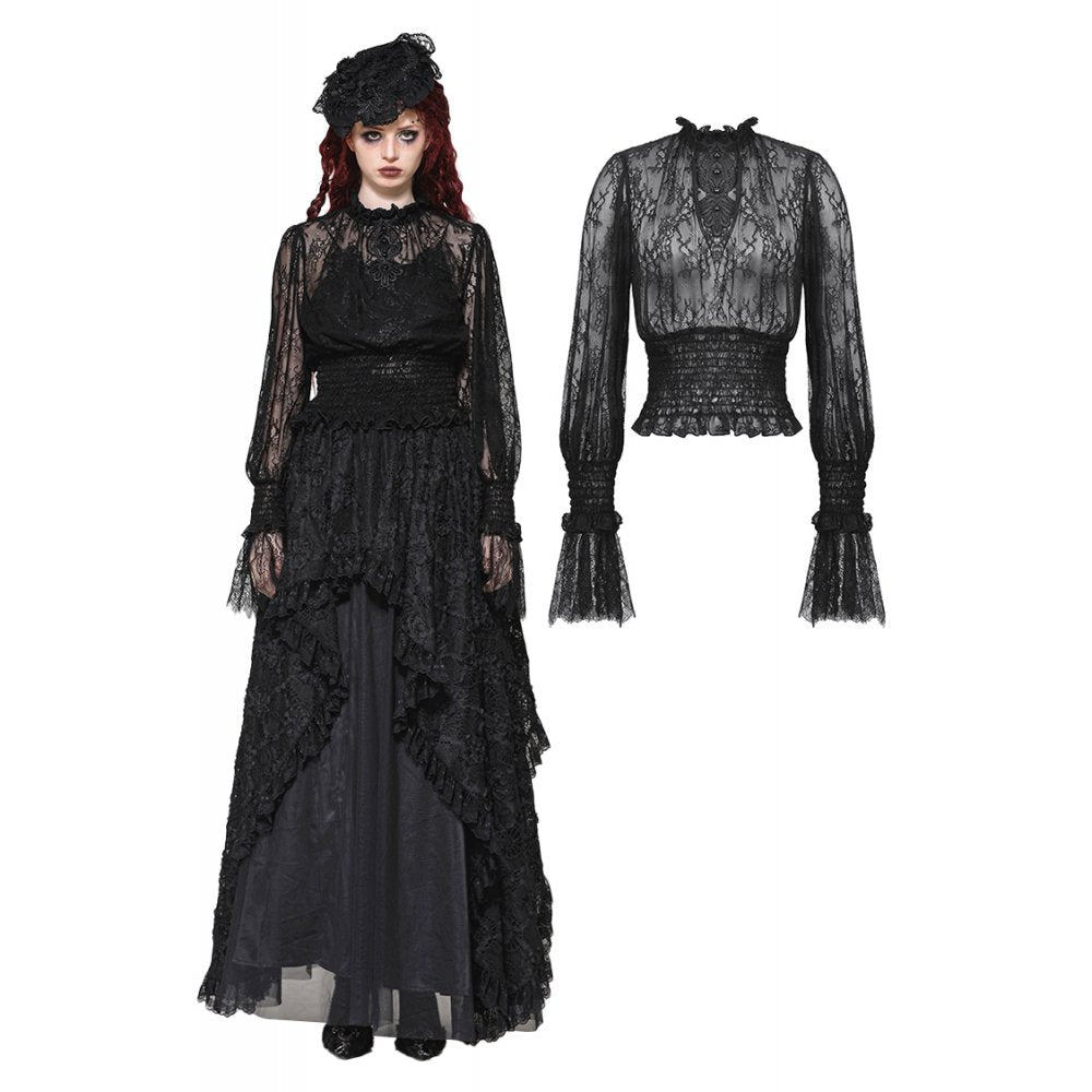 Dark in Love Aoife Black Hollow Lace Elastic Pleated Waist Eyelash Lace Cuff Top - Kate's Clothing