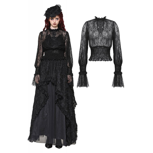 Dark in Love Aoife Black Hollow Lace Elastic Pleated Waist Eyelash Lace Cuff Top - Kate's Clothing