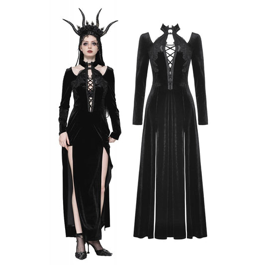 Dark in Love Vera Gothic Velvet High-Slit Maxi Dress with Hollow Neckline & Embroidered Buttons - Kate's Clothing