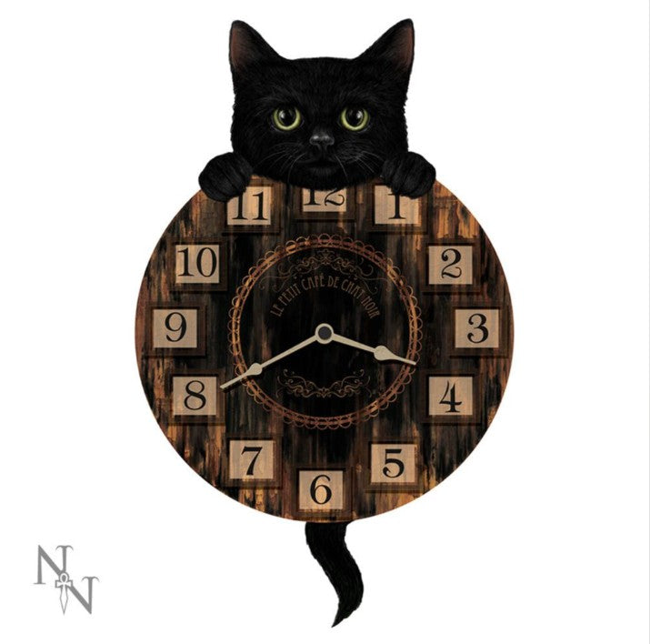 Wooden effect wall clock with a black cat design on a white background