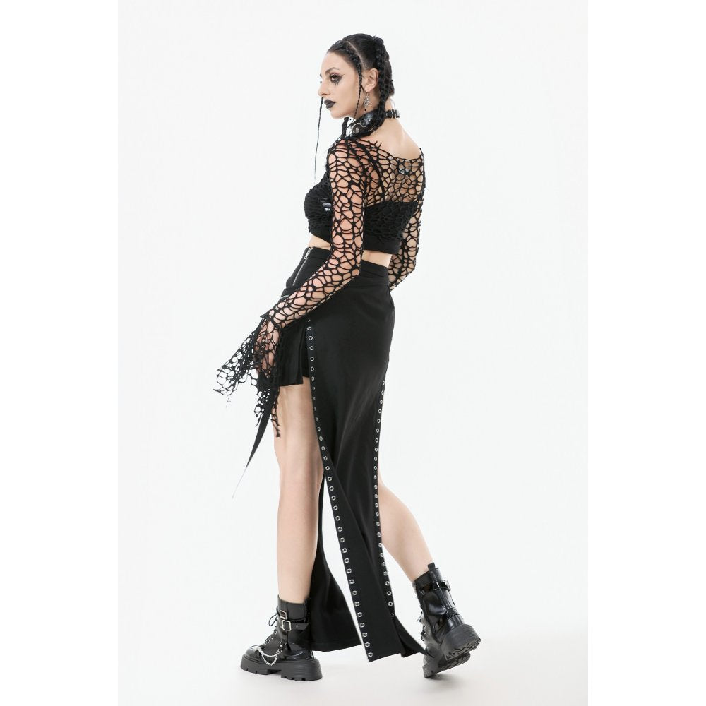 Close-up of sheer floral mesh fabric on sleeves and bodice