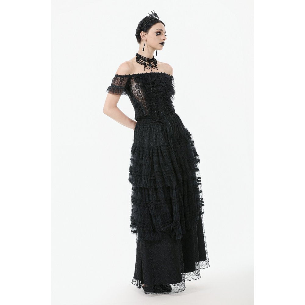 Dark in Love Morticia Gothic Velvet & Lace Bustier Dress in Black