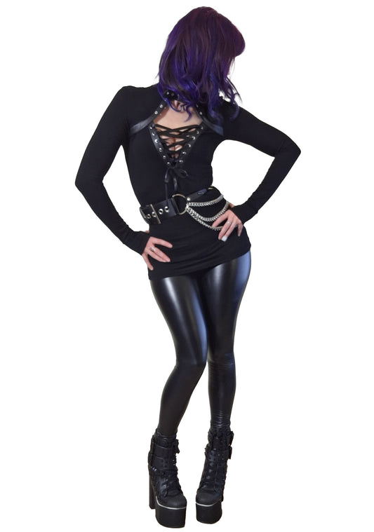 Necessary Evil Dione Long Sleeve Lace Up Plunge Top