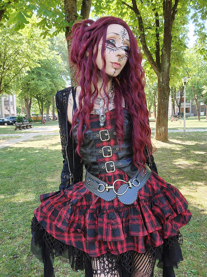 Valentinescorpse wearing Dark in Love Red-Black Tartan Dress in a park