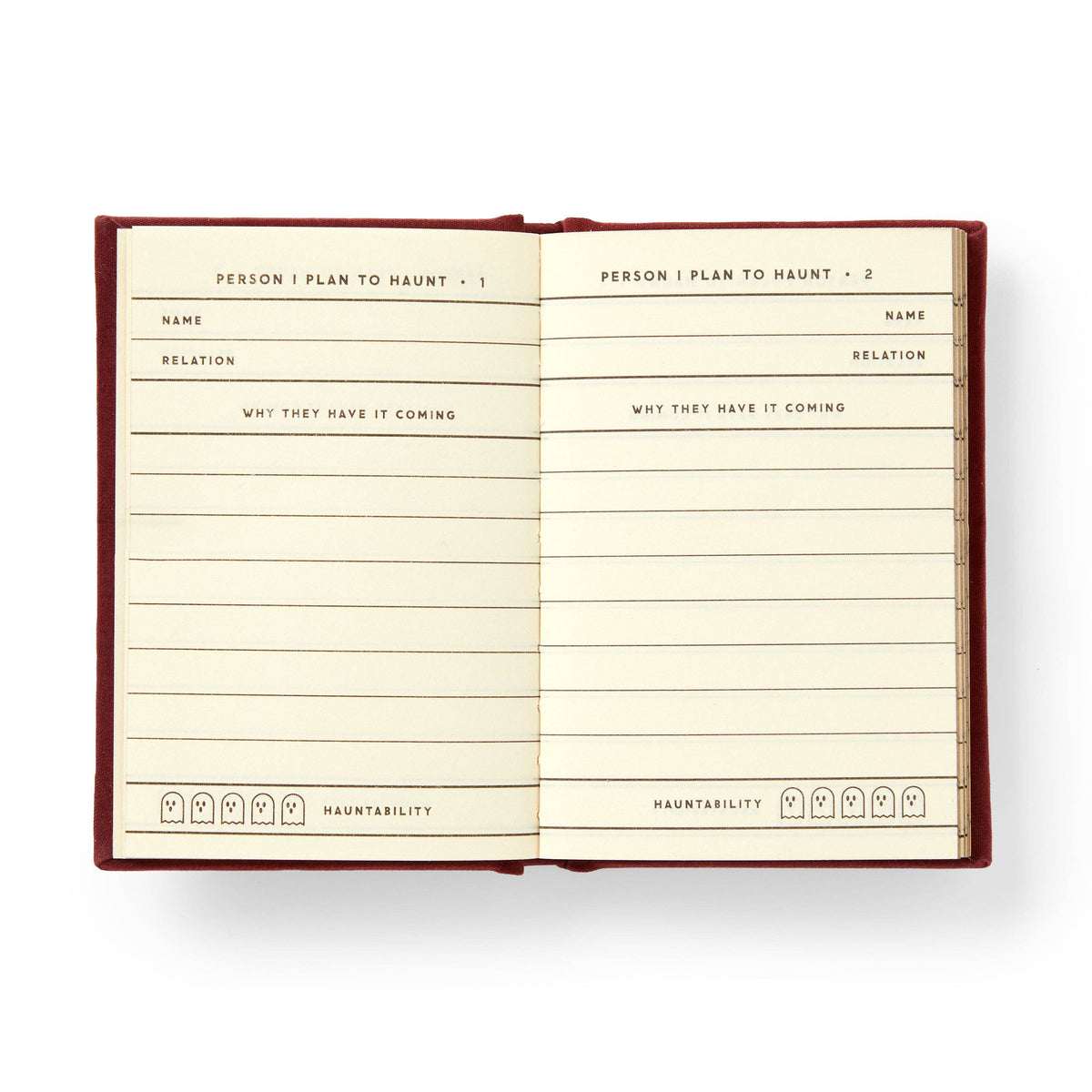 The diary open at a spread of cream pages with printed lines and headings.