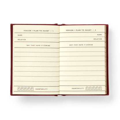 The diary open at a spread of cream pages with printed lines and headings.