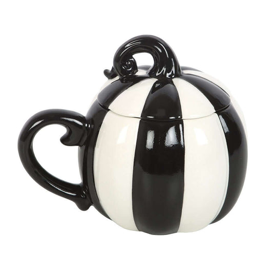 Gothic Gifts Black and White Striped Pumpkin Lidded Mug - Kate's Clothing