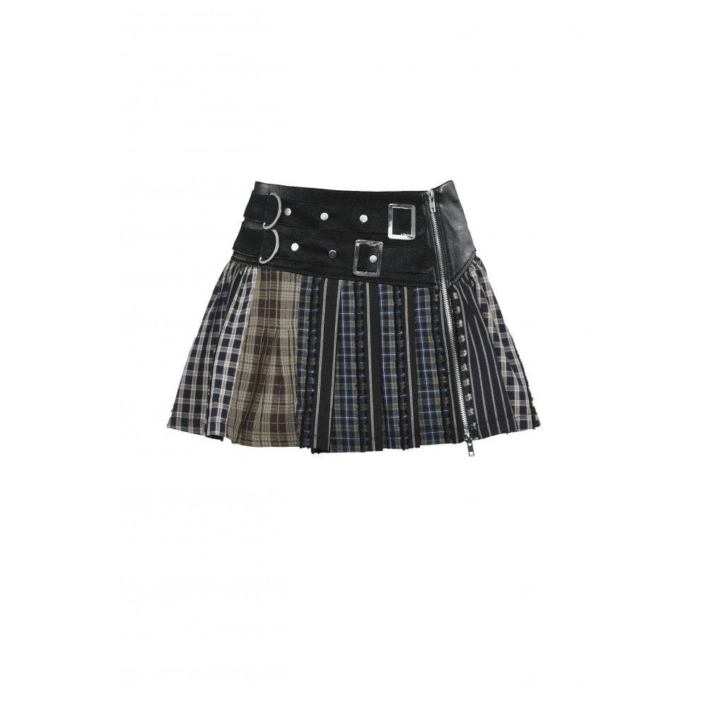 Dark in Love Sage Colorful Plaid Patchwork Leather-Waist Skirt