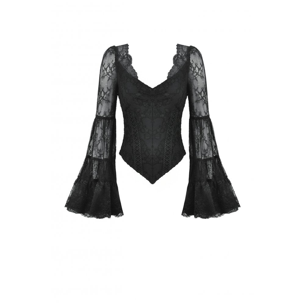 Dark in Love Zuri Gothic Romantic Lace Patchwork Bell-Sleeve Layered Cuff Top - Kate's Clothing