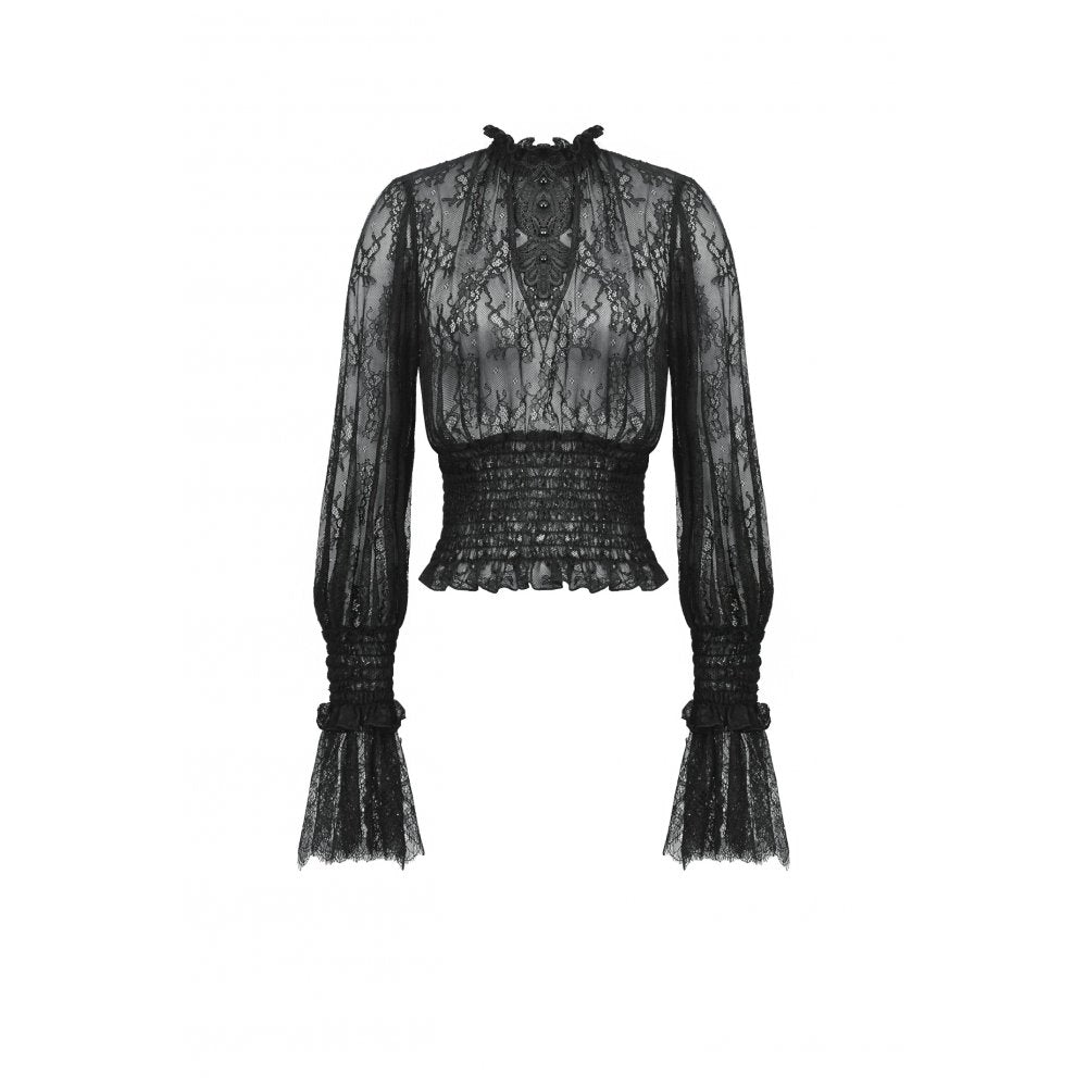 Dark in Love Aoife Black Hollow Lace Elastic Pleated Waist Eyelash Lace Cuff Top - Kate's Clothing