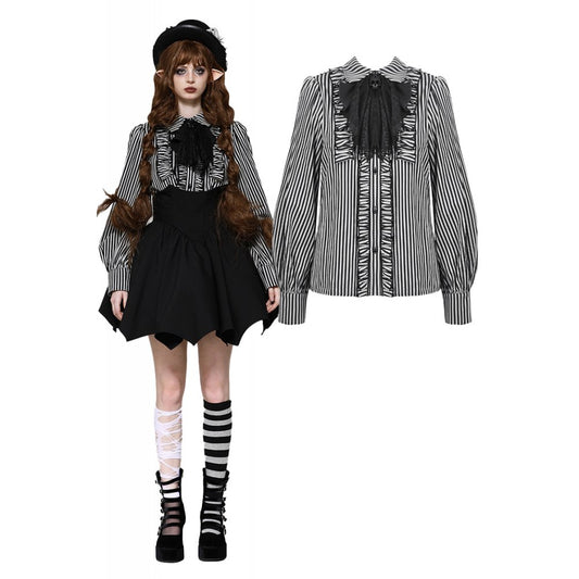 Dark in Love Elsbeth Gothic Lolita Striped Blouse with Skull Pendant Collar - Kate's Clothing