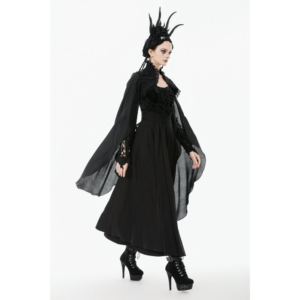 Model styling shrug with full-length alt gown