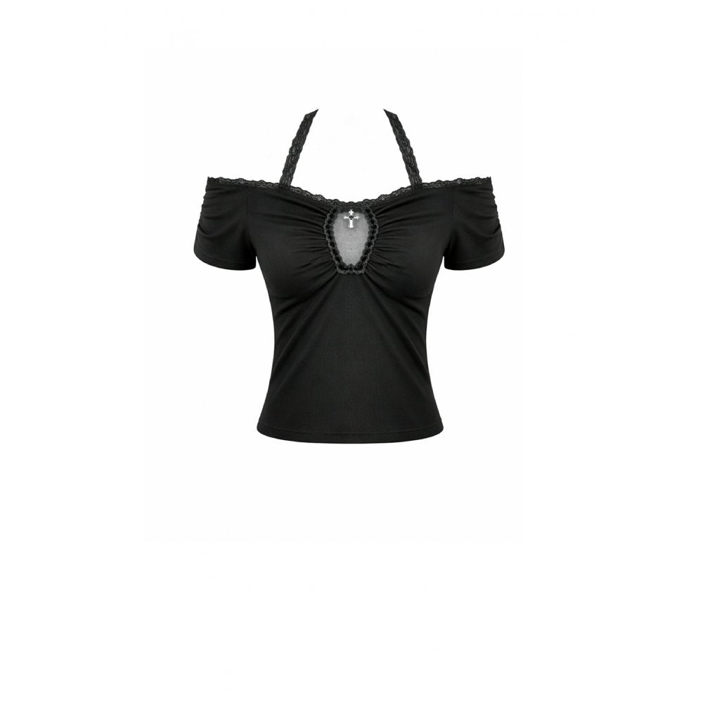 Dark in Love Gothic Cutout Cross Gem Lace Halter Slim Knit Top