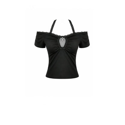 Dark in Love Gothic Cutout Cross Gem Lace Halter Slim Knit Top
