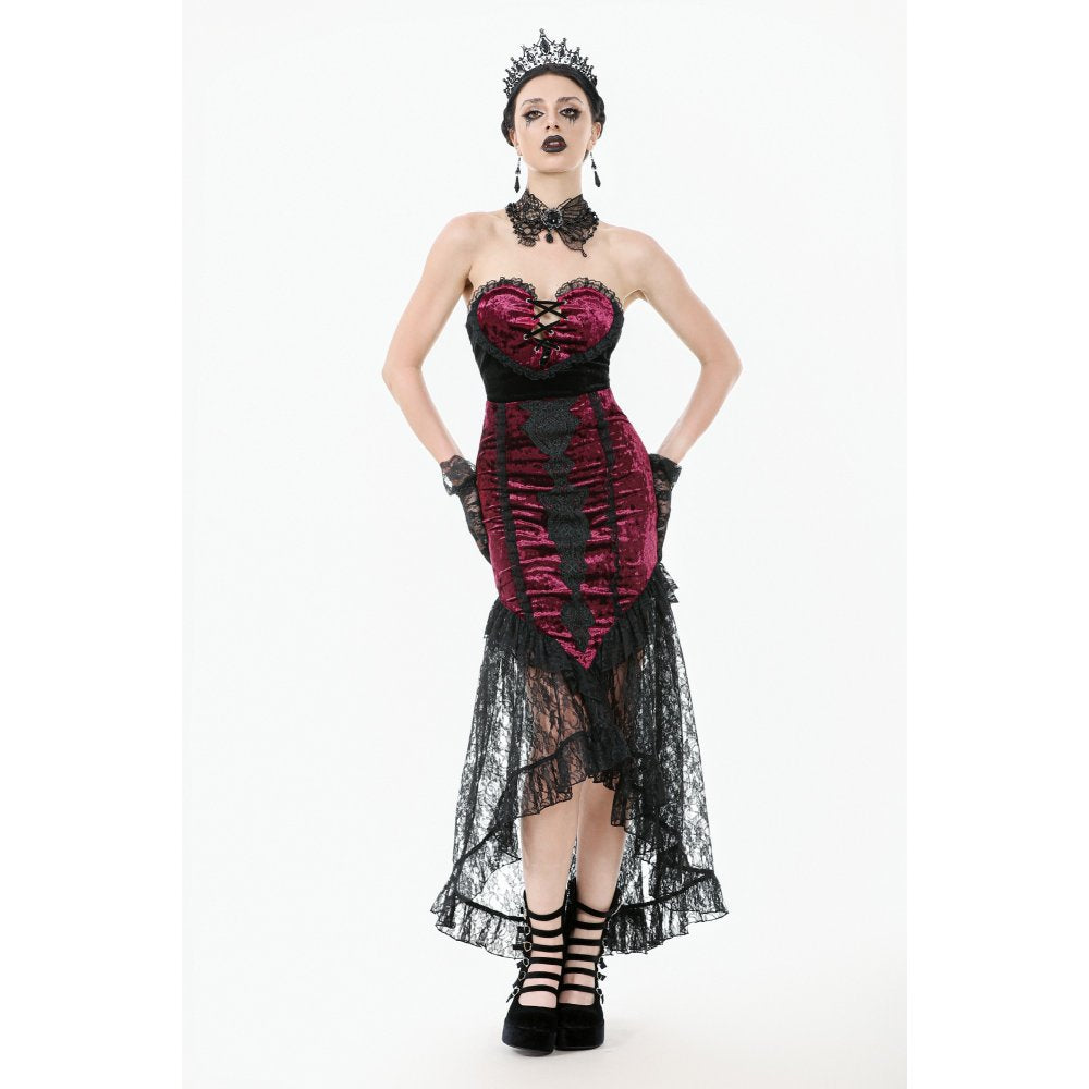 Dark in Love Crimson Queen Lace High-Low Goth Skirt in Burgundy & Black