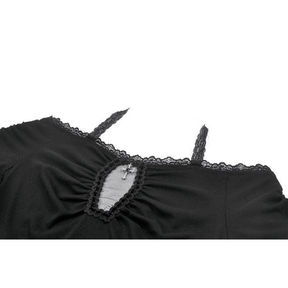 Dark in Love Gothic Cutout Cross Gem Lace Halter Slim Knit Top