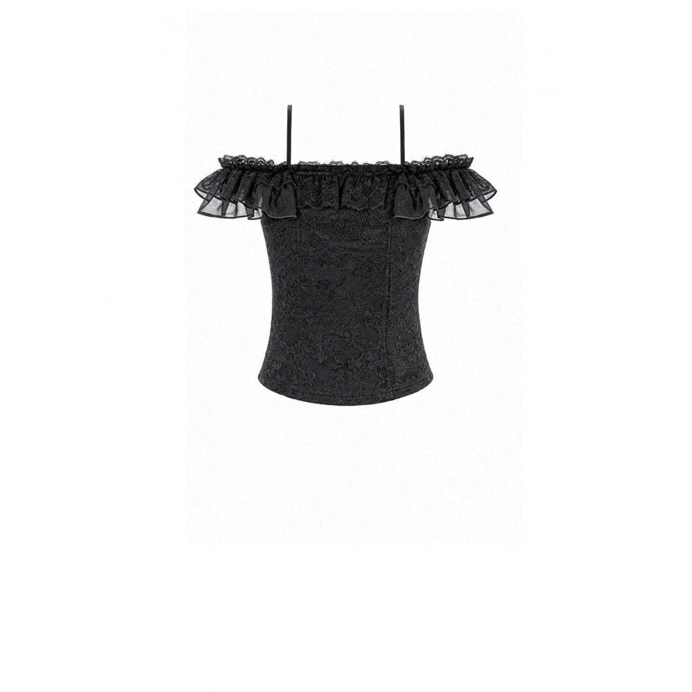 Dark in Love Nocturne Ruffled Lace Cold-Shoulder Top