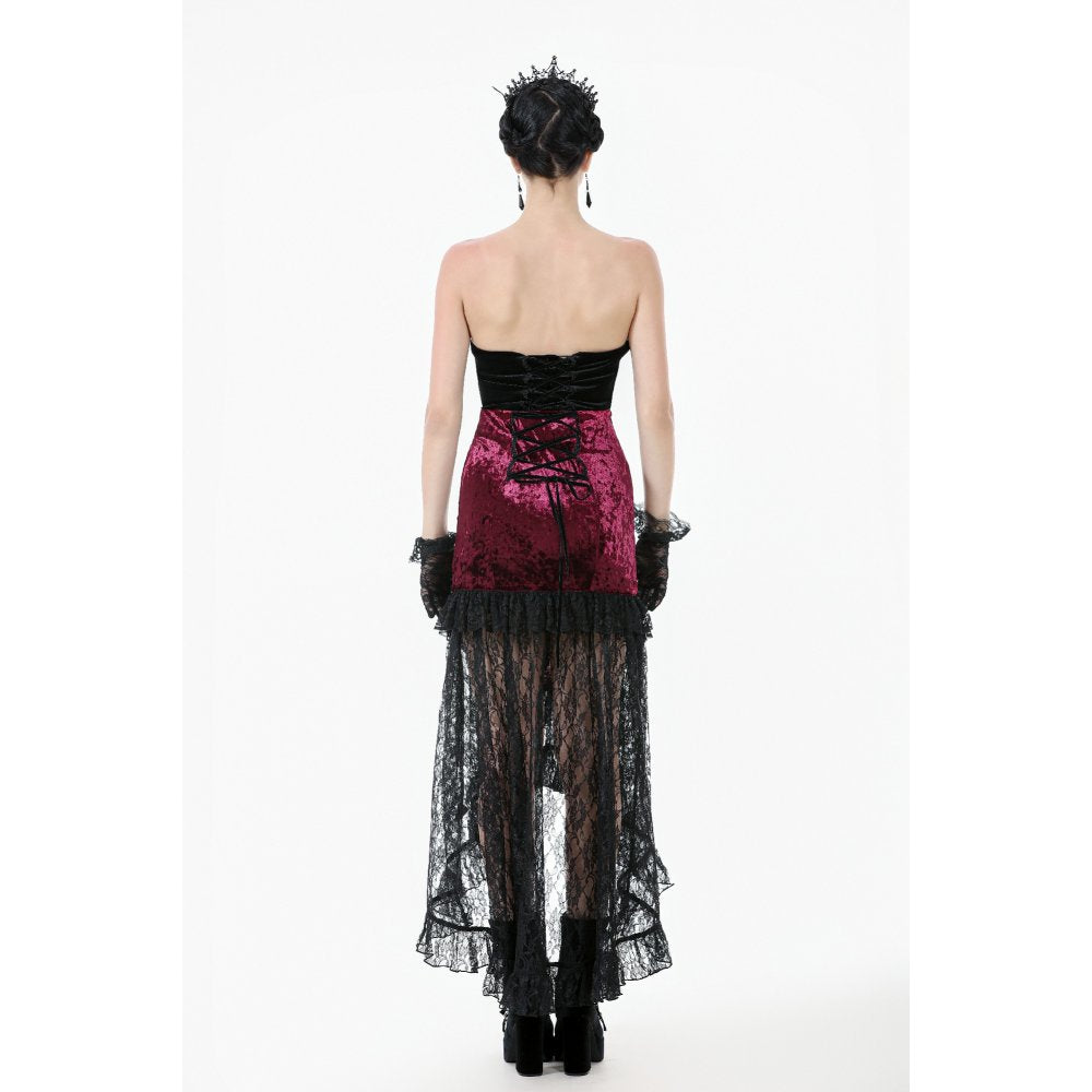 Dark in Love Crimson Queen Lace High-Low Goth Skirt in Burgundy & Black