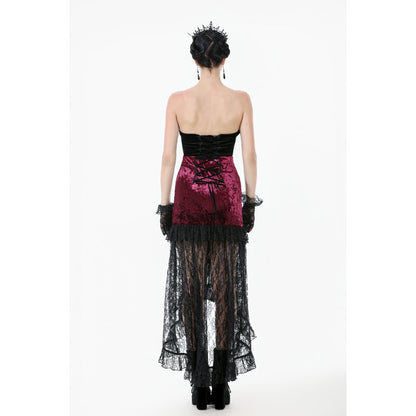 Dark in Love Crimson Queen Lace High-Low Goth Skirt in Burgundy & Black