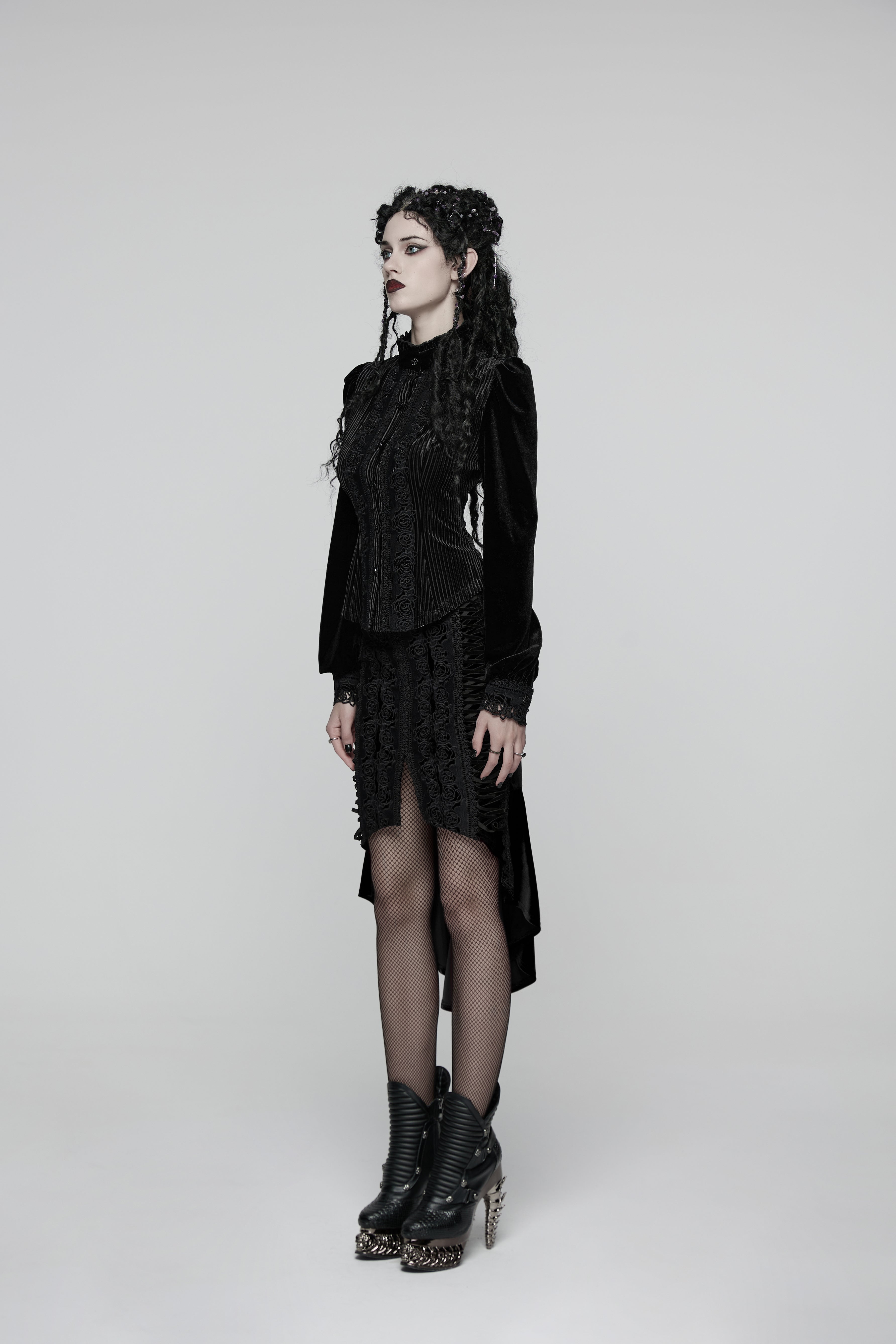 Punk Rave Daily Goth Shirt – Black Velvet Victorian Blouse with