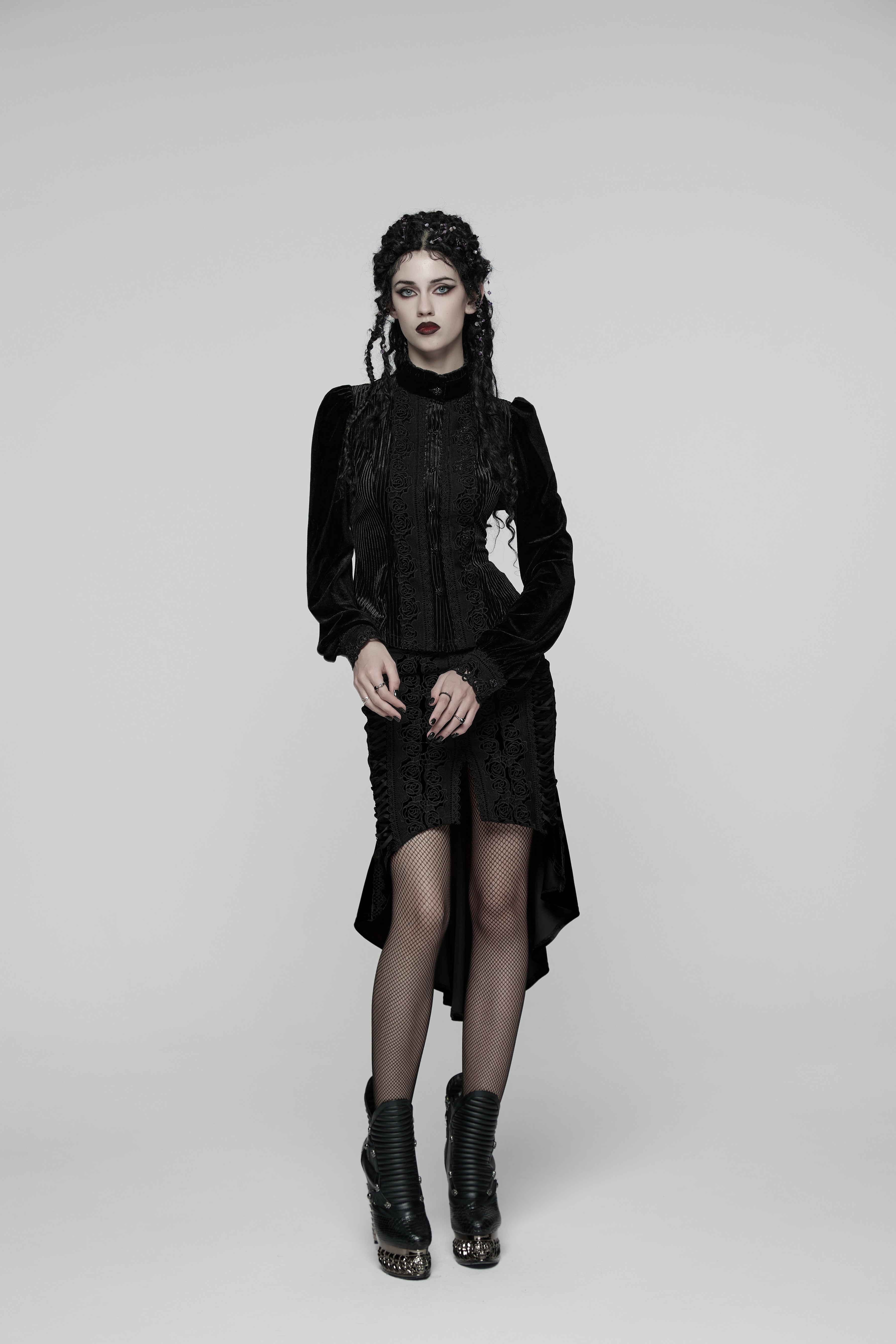 Punk Rave Daily Goth Shirt – Black Velvet Victorian Blouse with