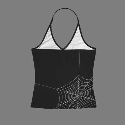 ANTIBrand Caught In Your Web black halter top with white spiderweb print
