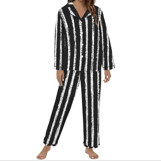 ANTIBrand black satin pajamas with rough white stripe print